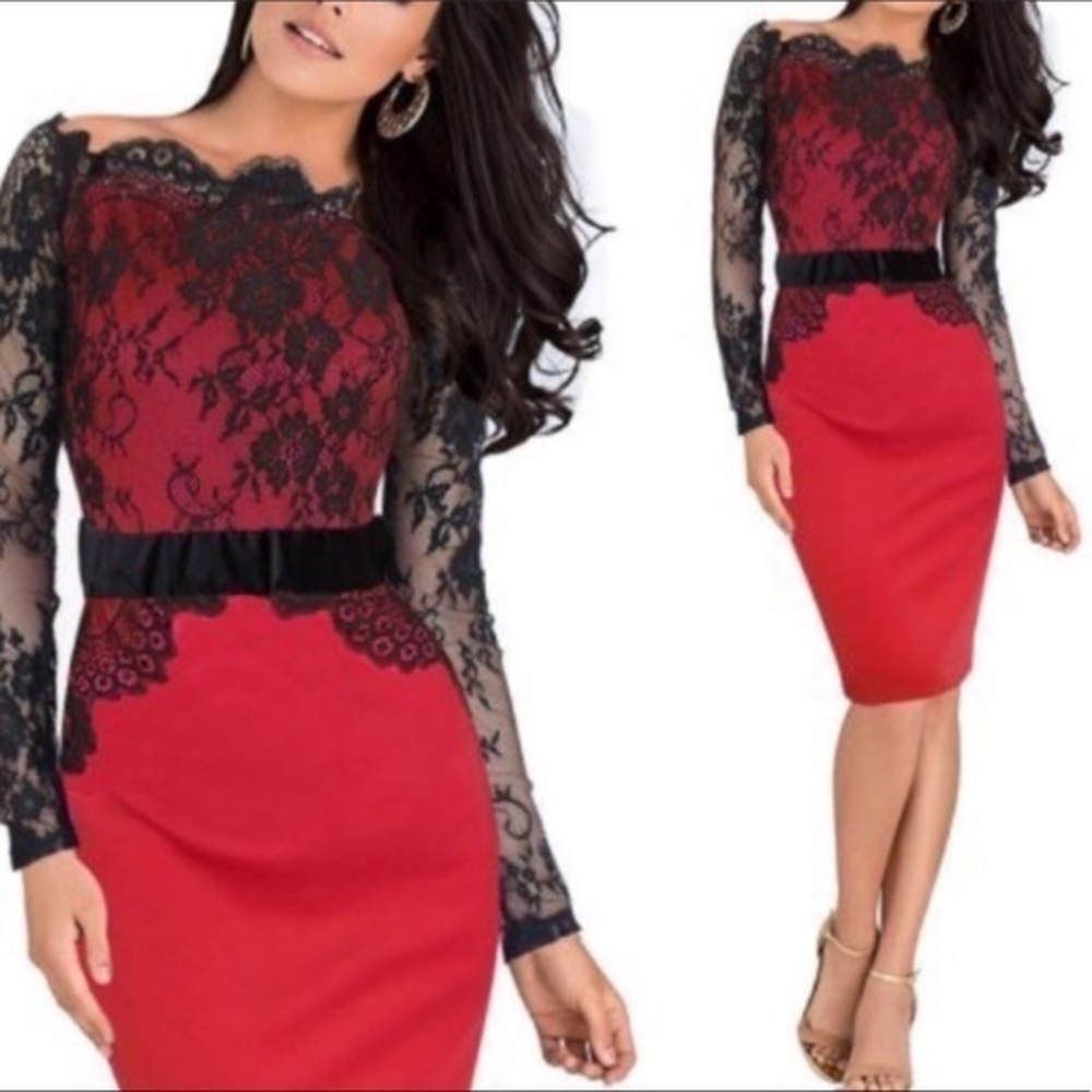 ❣️ Sale was 45$ down sizing ❣️ Floral lace red and black pencil dress